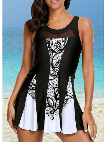 Women's Swimwear Swim Dress Normal Swimsuit 2 Piece Color Block Black White Tank Top Bathing Suits Sports Summer