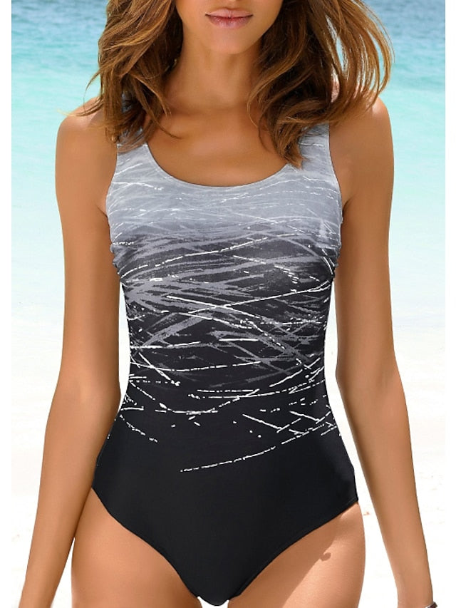 Women's Swimwear One Piece Normal Swimsuit Quick Dry Tummy Control Printing Graphic Black Bodysuit High Neck Bathing Suits Sports Beach Wear Summer