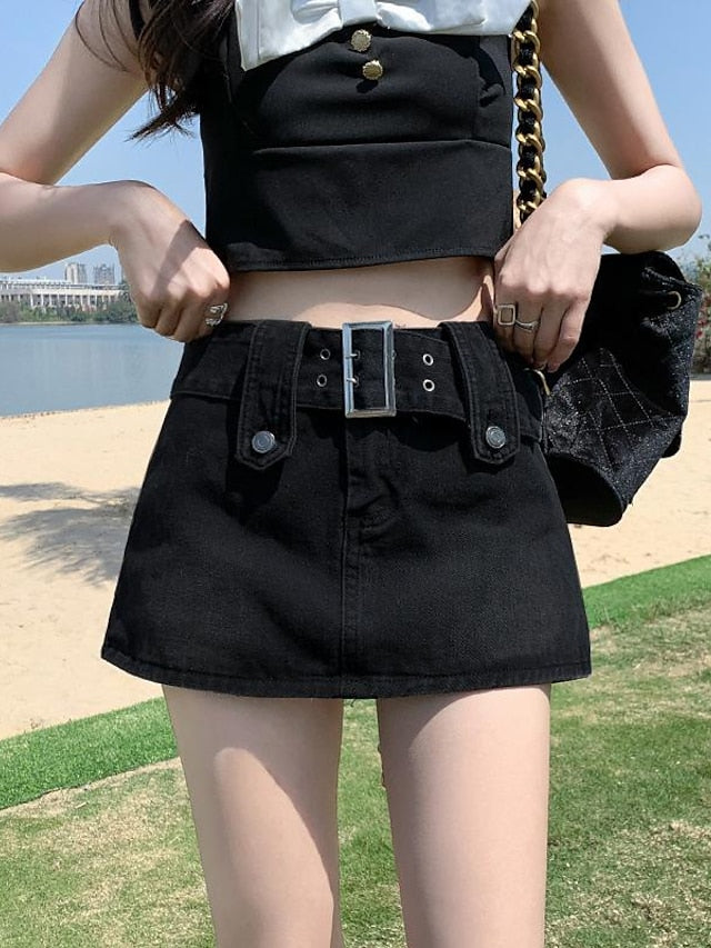 Women's A Line Mini Denim Black Blue Skirts Patchwork Belt Included  Street Casual Daily