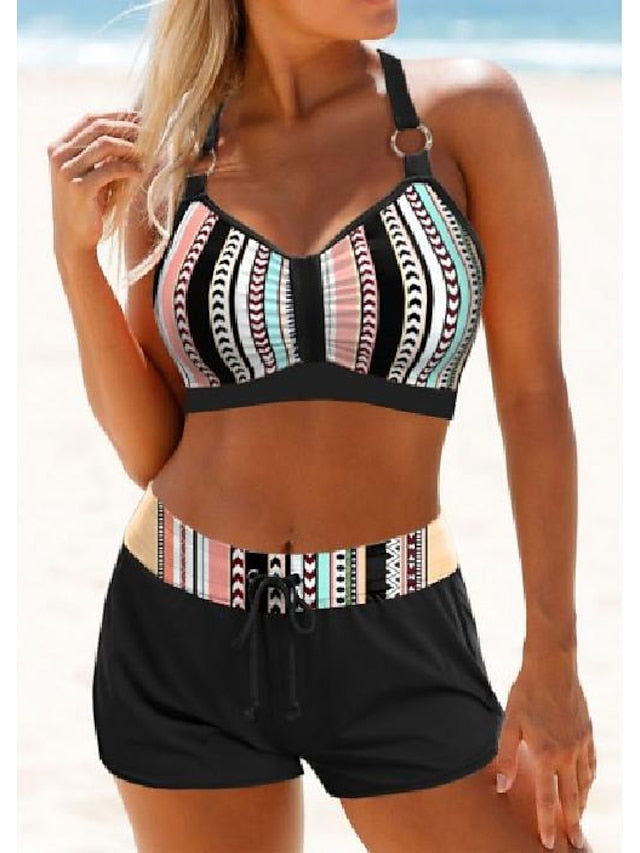 Women's Swimwear Bikini Normal Swimsuit 2 Piece Printing Striped Black Bathing Suits Sports Beach Wear Summer