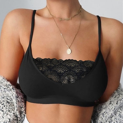 Women's Wireless Lace Bra Elastic and Breathable Lingerie Crewneck Pure Color Plus Size Cage Camisole Underwear(without pads) Pull-On Closure for Date Party & Evening Casual Daily 1PC Black White