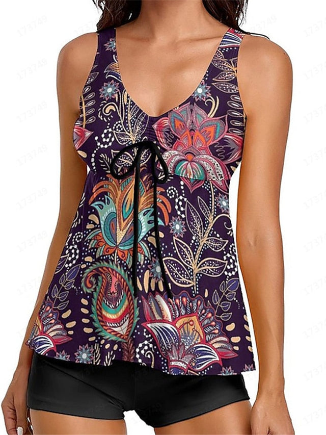Women's Swimwear Tankini 2 Piece Normal Swimsuit Open Back Printing Floral White Black Vest V Wire Bathing Suits New Vacation Fashion / Modern