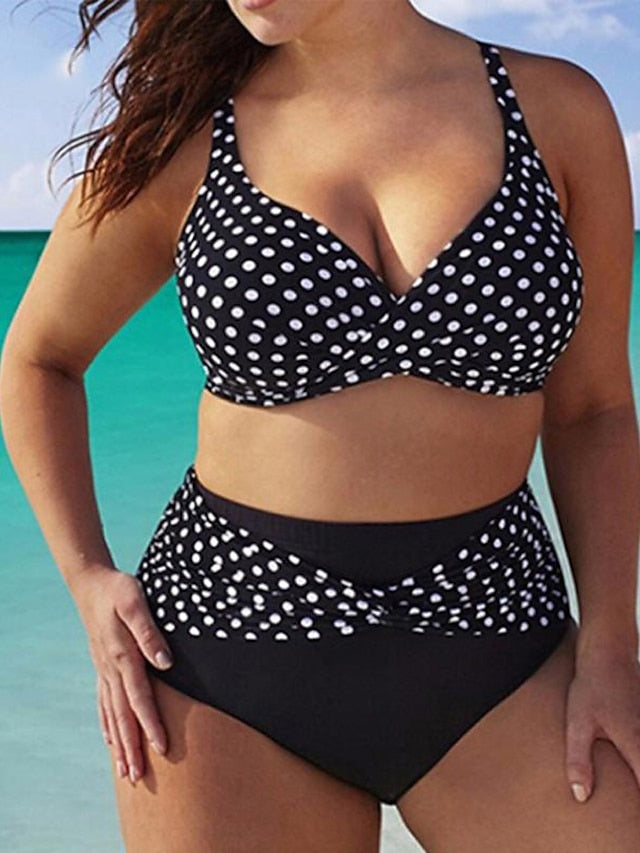 Women's Swimwear Bikini Plus Size Swimsuit 2 Piece Printing High Waisted Polka Dot Black Bathing Suits Sports Beach Wear Summer