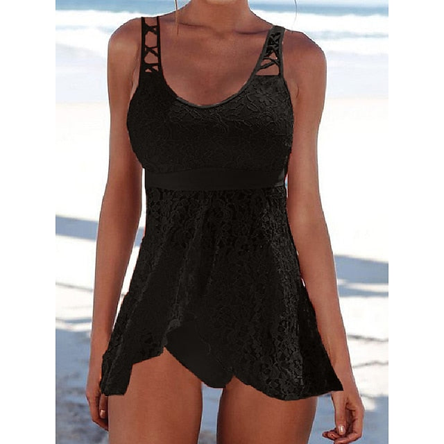 Women's Swimwear Swimdresses Normal Swimsuit Lace 2 Piece Solid Color Black Yellow Blue Purple Orange Bathing Suits Sports Beach Wear Summer