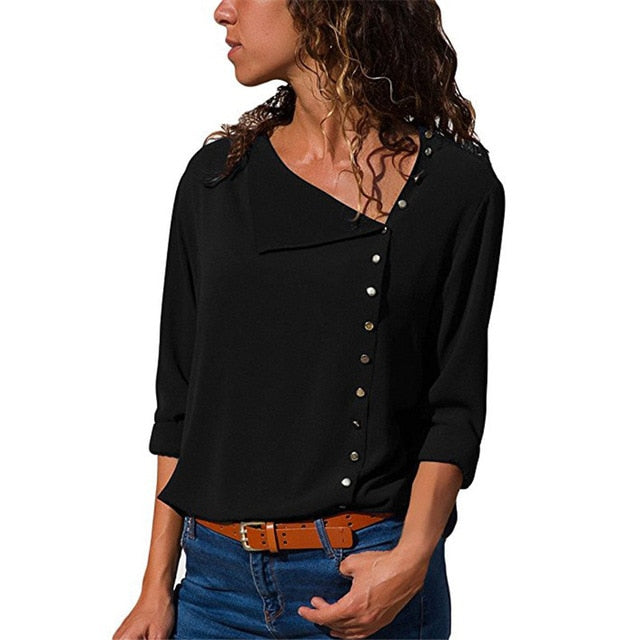 Chiffon Long Sleeve Skew Collar Solid Office Women Blouses And Tops - Sheseelady
