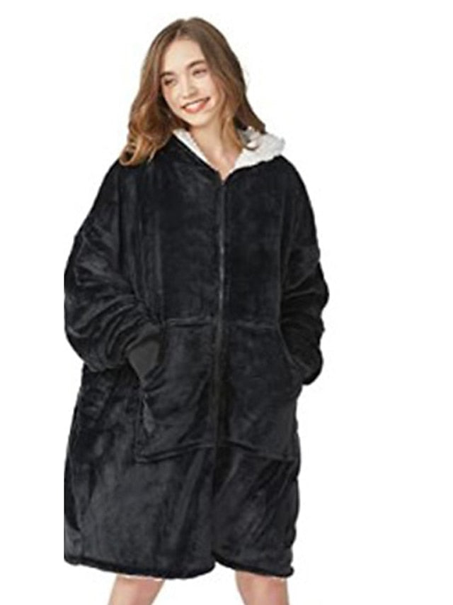 Women's Oversized Plush Fleece Hoodie Nightgown - Warm Winter Pajamas with Pocket, Long Sleeve for Home & Bed