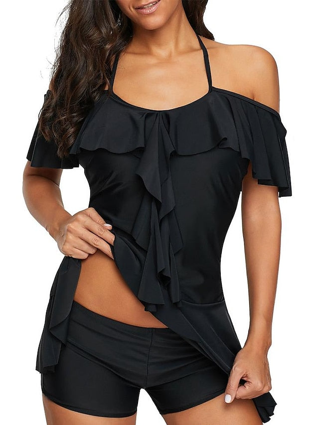 Women's Swimwear Swimdresses Normal Swimsuit Ruffle 2 Piece Plain Black Bathing Suits Sports Beach Wear Summer