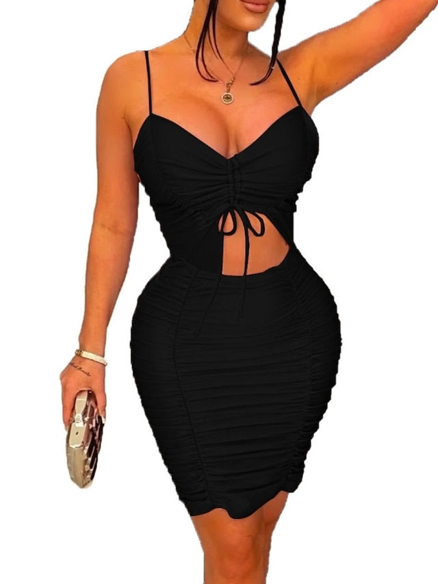 Women's Party Dress Bodycon Black Dress Mini Dress Black White Pink Sleeveless Pure Color Ruched Summer Spring Fall Spaghetti Strap Party Vacation Summer Dress