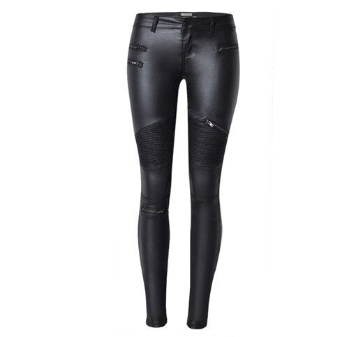 Fashionable Sexy Women's Low Waist Leather Leggings For Motorcycle Riding