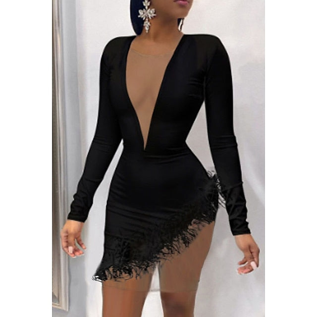 Women's Party Dress Feather Dress Cocktail Dress Mini Dress Black White Yellow Long Sleeve Pure Color Mesh Spring Fall Winter V Neck Hot Party Winter Dress Birthday Slim