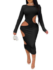 Women's Party Dress Cut Out Dress Bodycon Midi Dress Black White Long Sleeve Pure Color Cut Out Summer Spring Fall Crew Neck Party Vacation Spring Dress