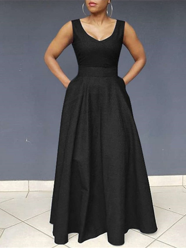 Sleeveless Women's Maxi Denim Dress with Pockets for Summer