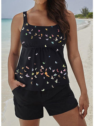 Women's Swimwear Tankini 2 Piece Normal Swimsuit High Waisted Butterfly Black Padded Strap Bathing Suits Sports Vacation Sexy / New