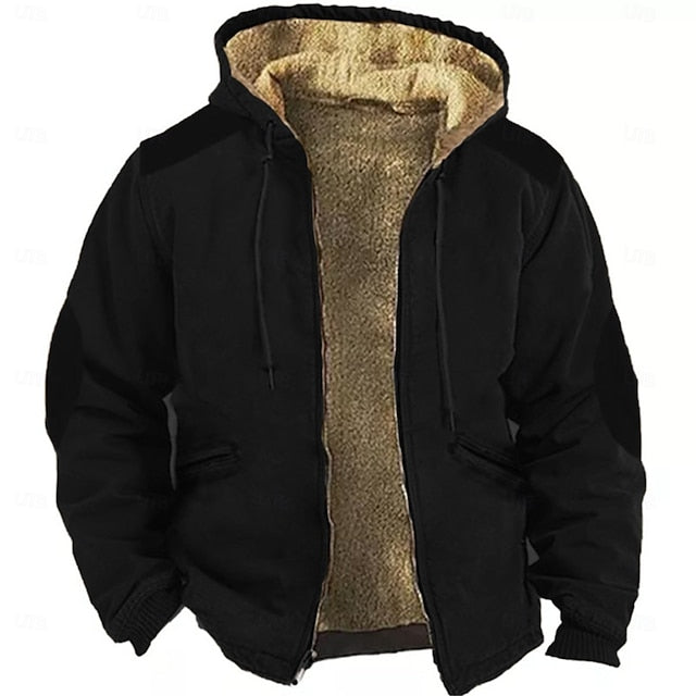 Men's Vintage Full Zip Hoodie - Fuzzy Sherpa Fleece Jacket with Drawstring & Zipper Closure - Stylish Long Sleeve Casual Wear for Fall & Winter