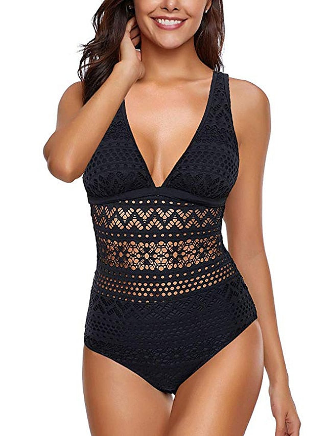 Women's Swimwear One Piece Monokini Normal Swimsuit Tummy Control Open Back Slim Solid Color Geometric Black Padded Bodysuit V Wire Bathing Suits Sexy Fashion Sexy