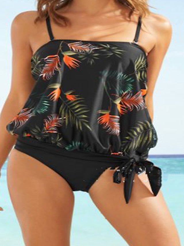 Women's Swimwear Tankini 2 Piece Normal Swimsuit 2 Piece Printing Leaf Black White Tank Top Bathing Suits Sports Beach Wear Summer