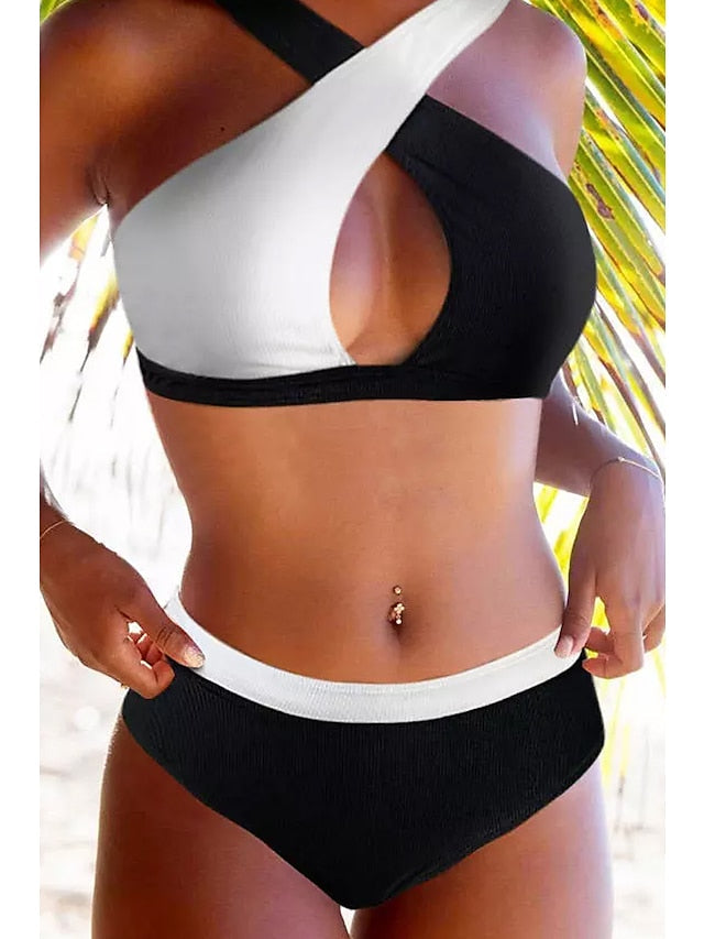 Women's Swimwear Bikini Normal Swimsuit 2 Piece Color Block Black Bathing Suits Sports Beach Wear Summer