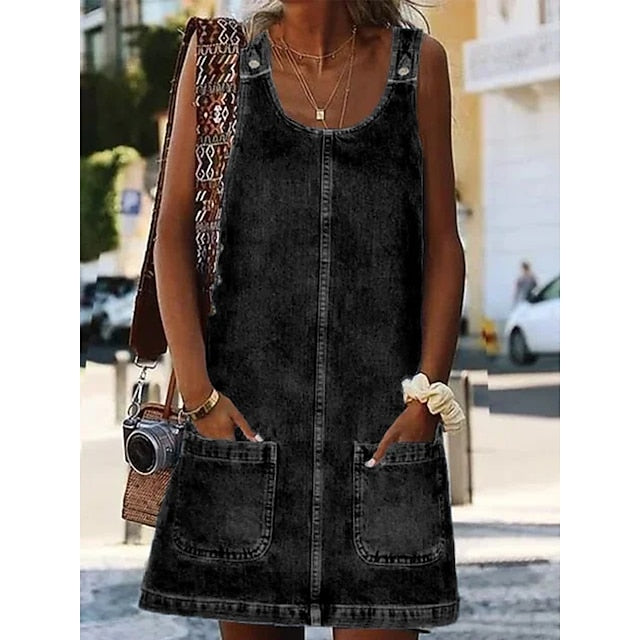 Women's Denim Pinafore Mini Dress - Sleeveless U-Neck Casual Summer Shift Dress