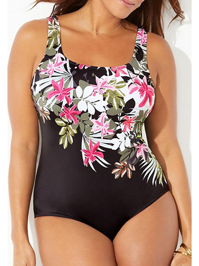 Women's Swimwear One Piece Monokini Bathing Suits Plus Size Swimsuit Water Sports Tummy Control Open Back Print Flower Black Scoop Neck Bathing Suits New Vacation Cute