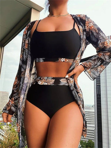 Women's Swimwear Bikini Three Piece Normal Swimsuit UV Protection Printing High Waisted Leaves Black Strap Bathing Suits New Vacation Sexy