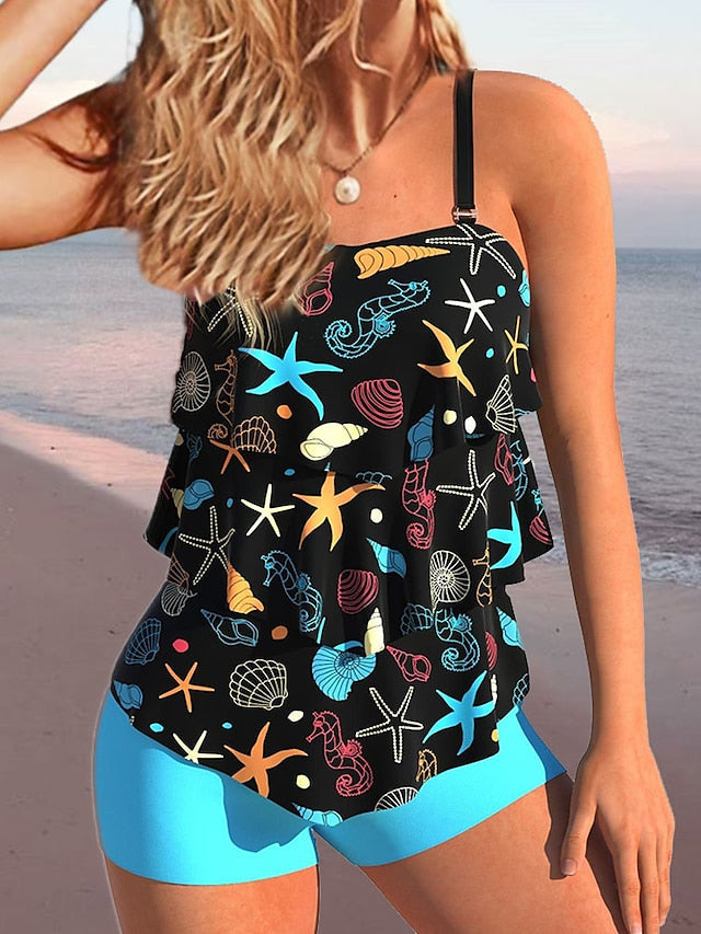 Women's Swimwear Tankini 2 Piece Normal Swimsuit 2 Piece Printing Graphic Black Blue Tank Top High Neck Bathing Suits Sports Beach Wear Summer