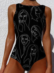 Women's Swimwear One Piece Normal Swimsuit Printing Graffiti Black White Blue Khaki Beige Bodysuit Bathing Suits Sports Beach Wear Summer