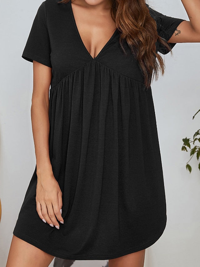 Women's Loungewear Nightgown Nightshirt Dress Pure Color Simple Comfort Soft Home Daily Bed Polyester Breathable V Wire Short Sleeve Dress Spring Summer Black Wine