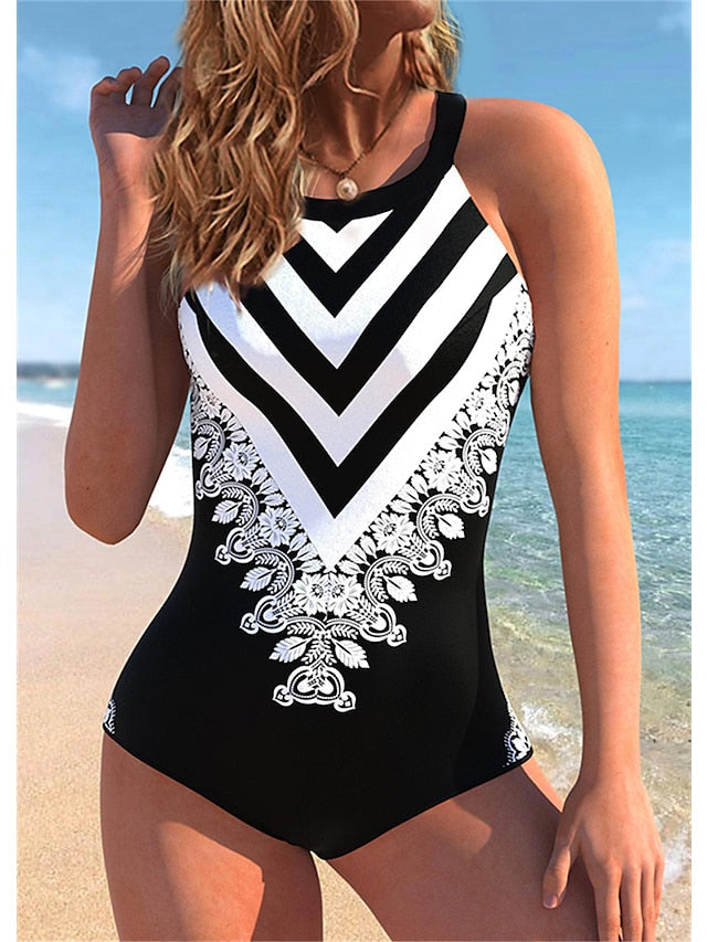 Women's Swimwear One Piece Plus Size Swimsuit Tummy Control Printing Graphic Black Bodysuit Bathing Suits Sports Summer