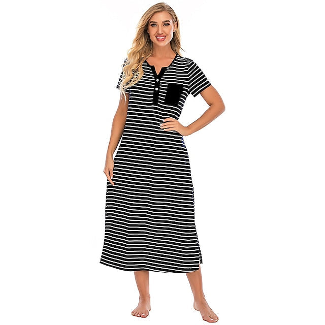 Women's Pajamas Nightgown Nighty Pjs Stripe Comfort Party Home Daily Cotton Gift Short Sleeve Spring Summer Royal Blue Grey