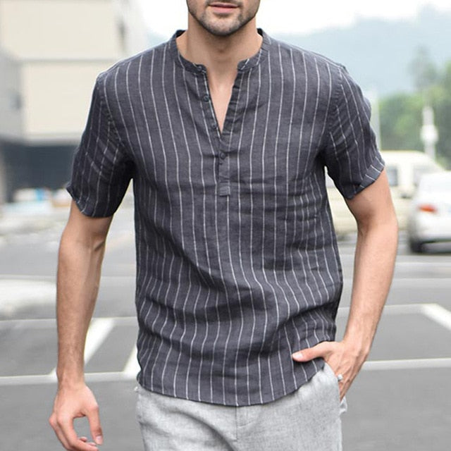 High Quality Cotton Linen Breathable Soft Striped Dress Shirt