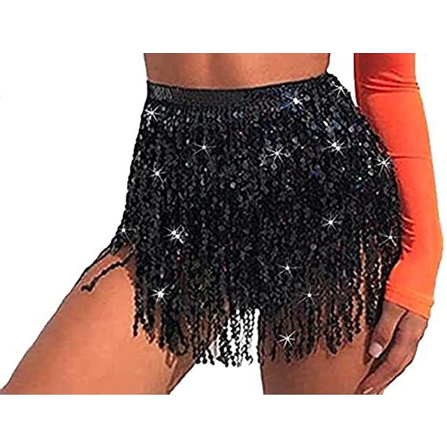 Women's Skirt Asymmetrical Polyester Sequin Black Silver Pink Red Skirts Summer Sequins Tassel Fringe Sparkle Sexy Sparkle & Shine Performance Club One-Size