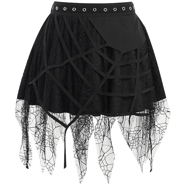 Women's Skirt Gothic Dress Mini Polyester Black Skirts Rivet Lace Trims Punk & Gothic