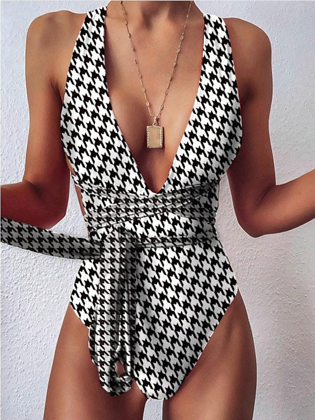 Women's Swimwear One Piece Normal Swimsuit Lace up Tummy Control Printing Houndstooth Black Bodysuit Bathing Suits Sports Beach Wear Summer