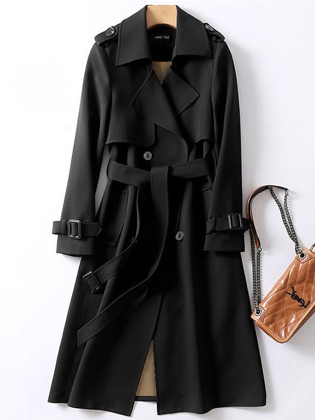 Women's Trench Coat Fall Double Breasted Lapel Long Coat with Belt Winter Warm Windproof Jacket with Pockets Maillard