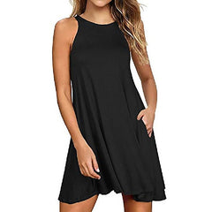 Women's Sleeveless Pure Color Pocket Crew Neck Vacation Weekend Casual Dress