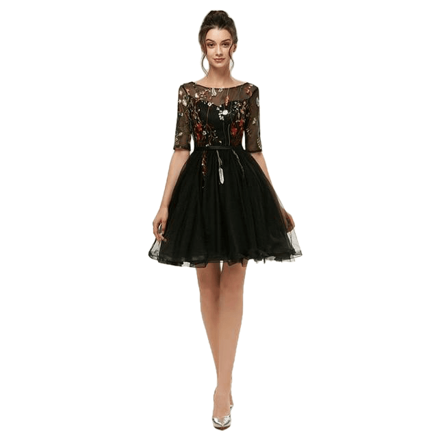 Flash Elegant Ladies' Embroidery Pattern Sheer Sleeve Lace Prom Dress