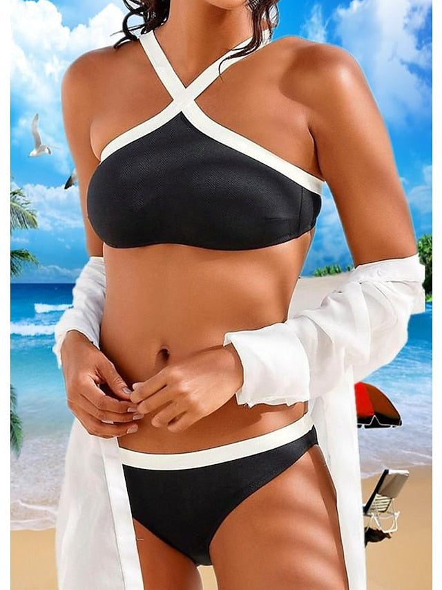 Women's Swimwear Bikini Normal Swimsuit 2 Piece Plain Black White Bathing Suits Sports Beach Wear Summer