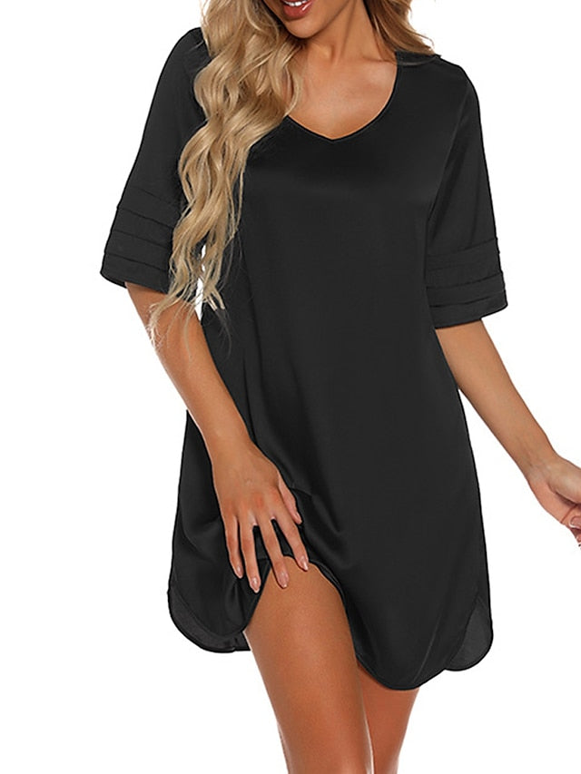 Women's Casual Dress T Shirt Dress Tee Dress Mini Dress Casual Cozy Patchwork Split Solid Colored V Neck Home Lounge Navy Black