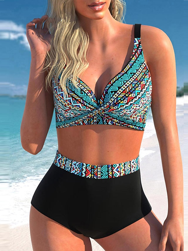 Women's Swimwear Bikini Bathing Suits 2 Piece Normal Swimsuit Backless 2 Piece Printing High Waisted Adjustable Black Yellow Blue Padded Blouse Strap Bathing Suits Sexy Vacation Colorful