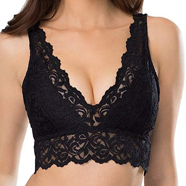 Women's Deep V Neck Unpadded Lace Long Line Plunge Bralette Bra