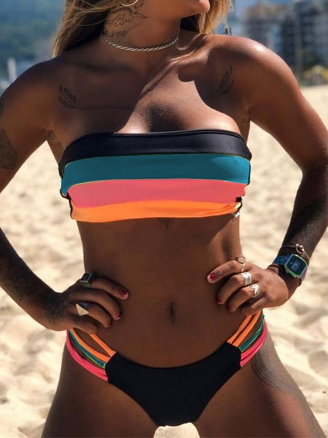 Women's Swimwear Bikini 2 Piece Normal Swimsuit 2 Piece Open Back Bandeau Hole Striped Color Block Green White Black Blue Yellow Bandeau Tube Top Padded Strapless Bathing Suits New Vacation Sexy