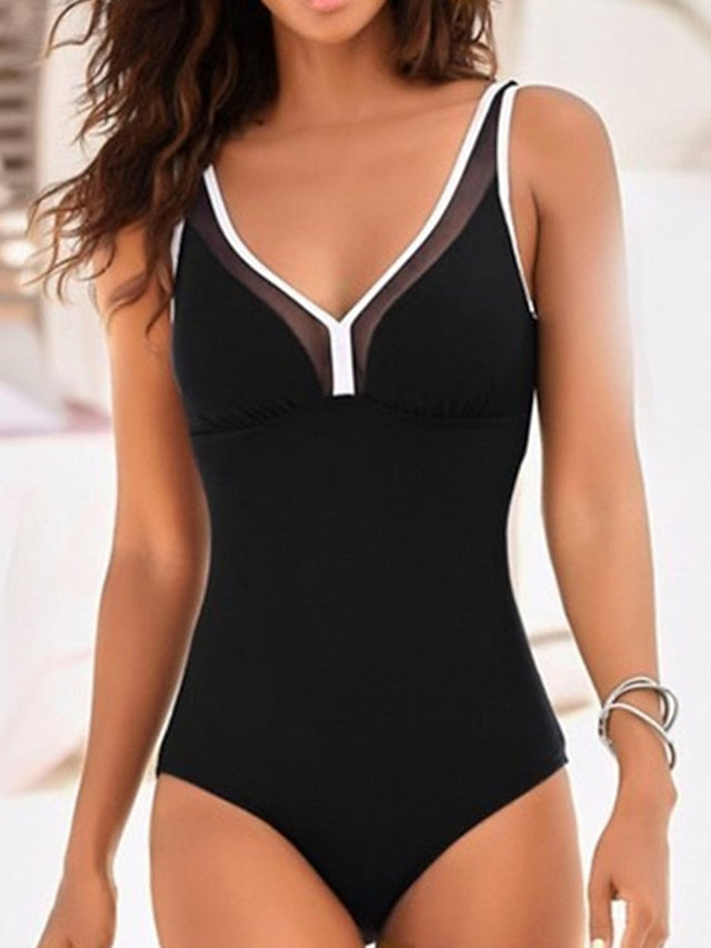 Women's Swimwear One Piece Monokini Normal Swimsuit Modest Swimwear Tummy Control Open Back Solid Color Black Blue Strap Bathing Suits New Vacation Fashion / Modern / Padded Bras