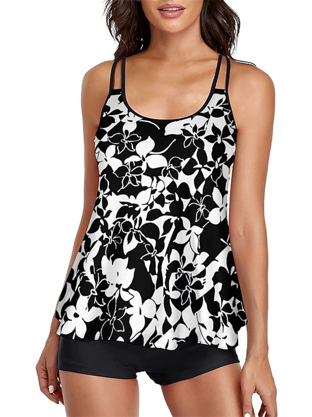 Women's Swimwear Tankini 2 Piece Normal Swimsuit 2 Piece Open Back Printing Floral Polka Dot Green White Black Blue Purple Padded Scoop Neck Bathing Suits New Vacation Holiday / Modern / Leaf / Strap
