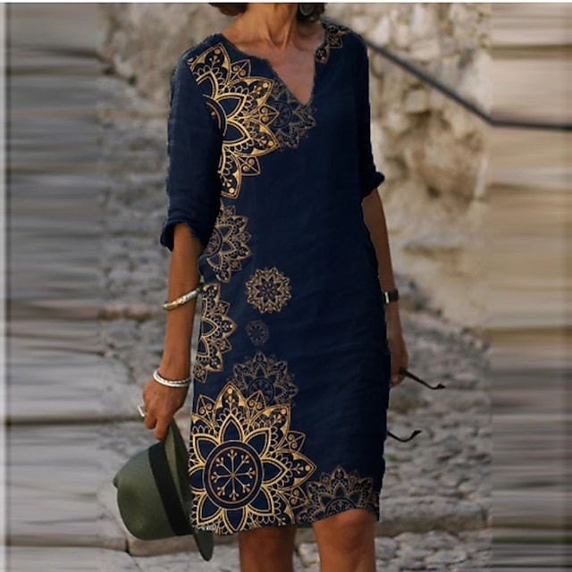 Women‘s Casual Dress Ethnic Dress Shift Dress Midi Dress Leopard Black White Half Sleeve Floral Print Summer Spring V Neck Basic Daily Vacation Weekend Print Dresses