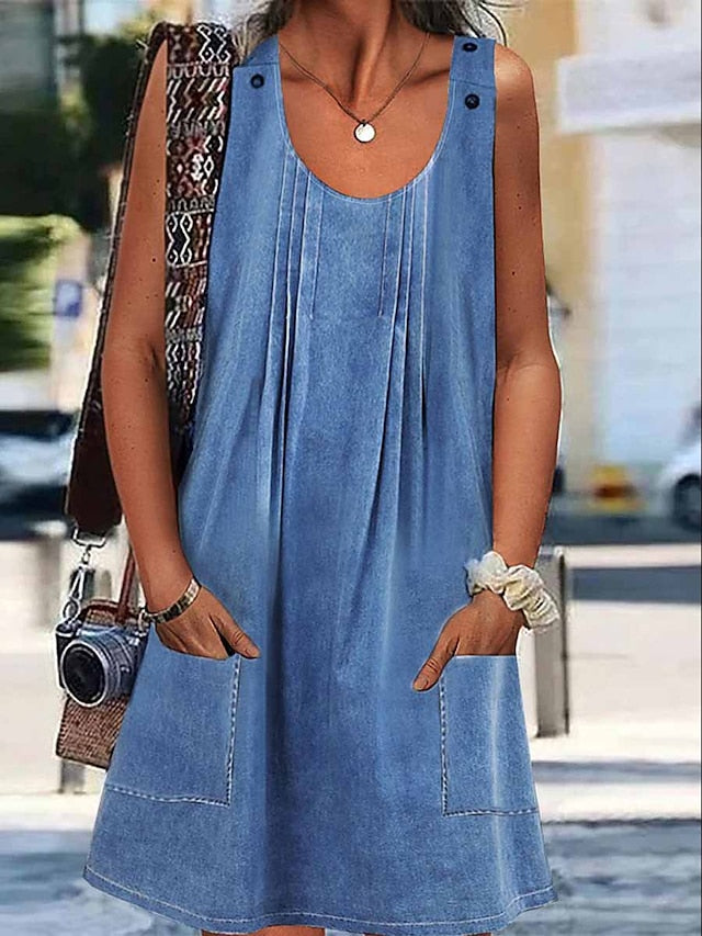 Women's Denim Pinafore Mini Dress - Sleeveless U-Neck with Pockets for Summer