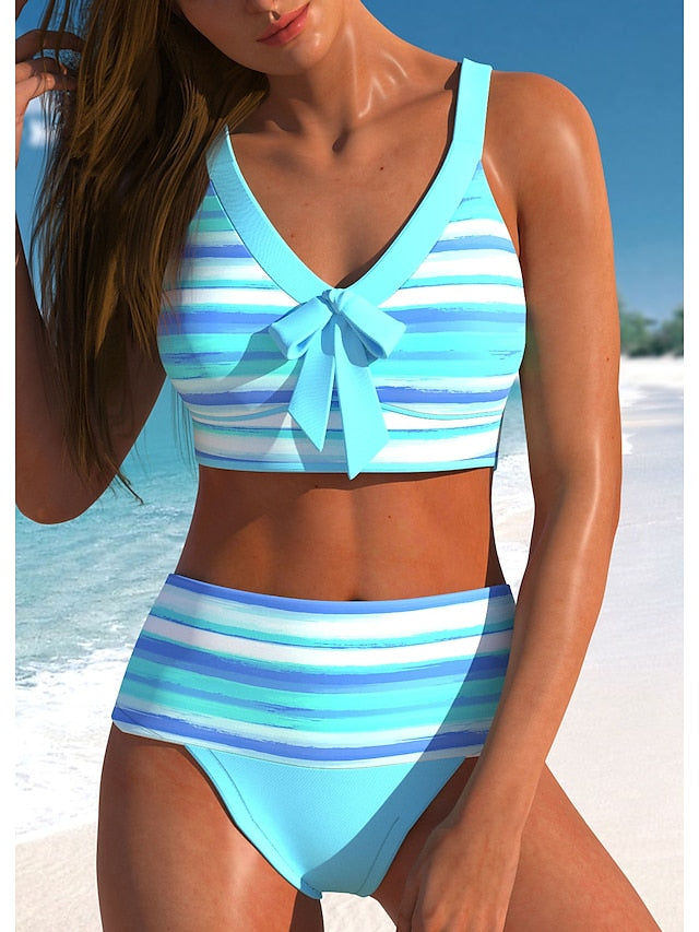 Women's Swimwear Bikini Normal Swimsuit 2 Piece Printing High Waisted Striped Blue Bathing Suits Sports Beach Wear Summer