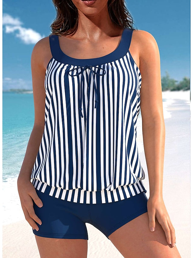 Women's Swimwear Tankini 2 Piece Plus Size Swimsuit 2 Piece Cut Out Striped Blue Green Tank Top Bathing Suits Sports Summer