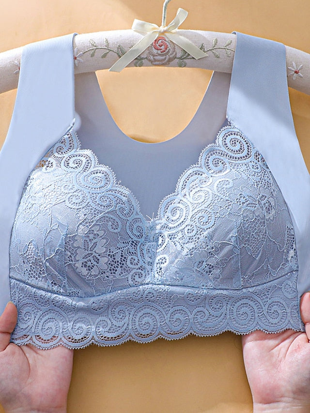 Women's Wireless Bras Padded Bras Full Coverage V Neck Breathable Push Up Lace Pure Color Pull-On Closure Date Casual Daily Nylon Sexy 1PC Black Blue , Bras & Bralettes , 1 PC