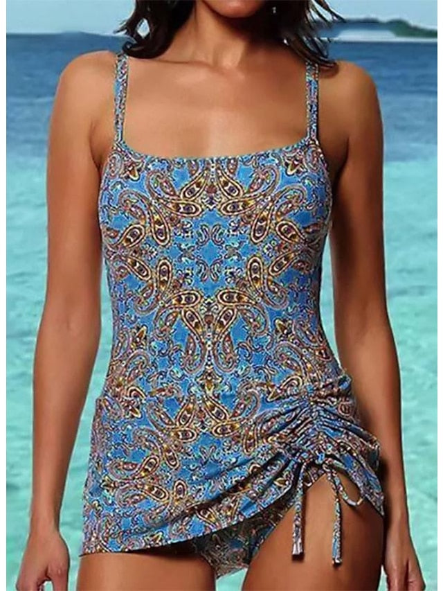 Women's Swimwear Tankini 2 Piece Normal Swimsuit Ruched 2 Piece Printing Paisley Blue Green Rainbow Tank Top Bathing Suits Sports Beach Wear Summer