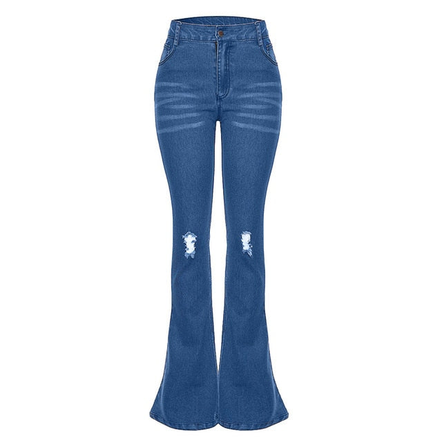 Female Hole Mid Waist Stretch Slim Flare Jeans - Sheseelady